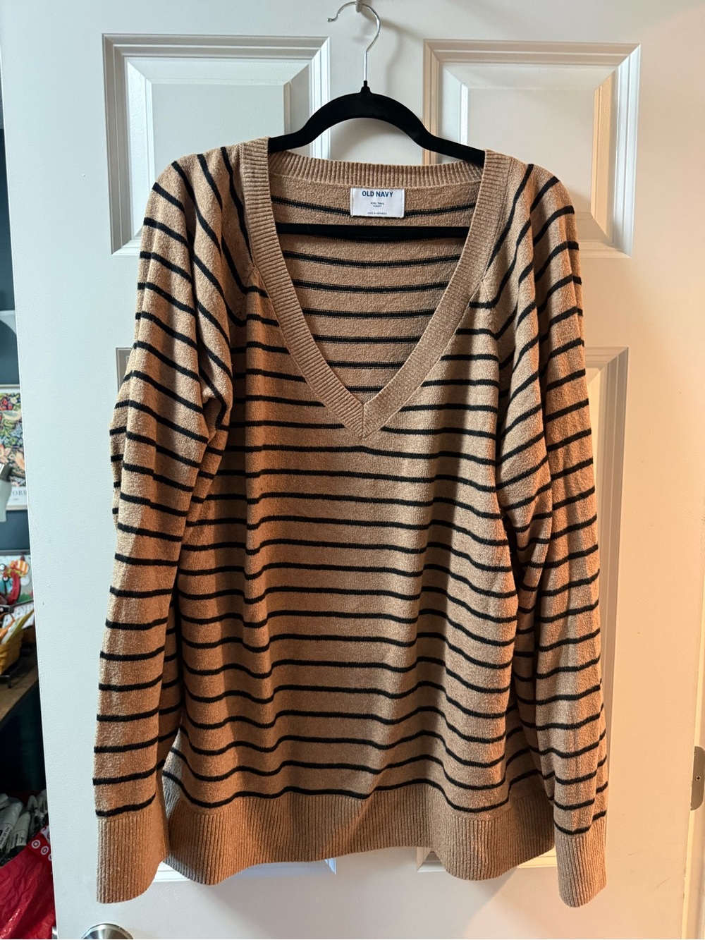 Old Navy Tan and Black Striped V-Neck Pullover